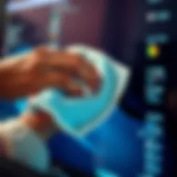 Microfiber cloth gently cleaning a computer screen