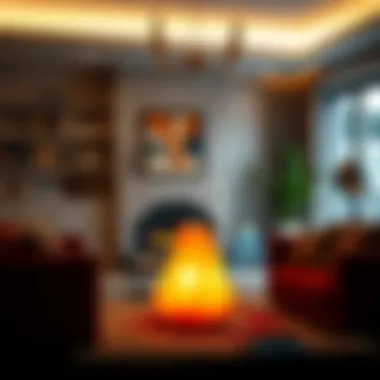 A stylish living room featuring a volcano lamp as a decor centerpiece