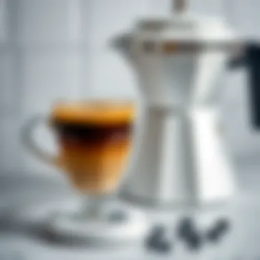 A Perfect Brew: Espresso from a White Stovetop Maker A steaming cup of espresso next to a white stovetop maker
