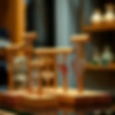 Collection of earrings displayed on a beautifully designed wooden stand